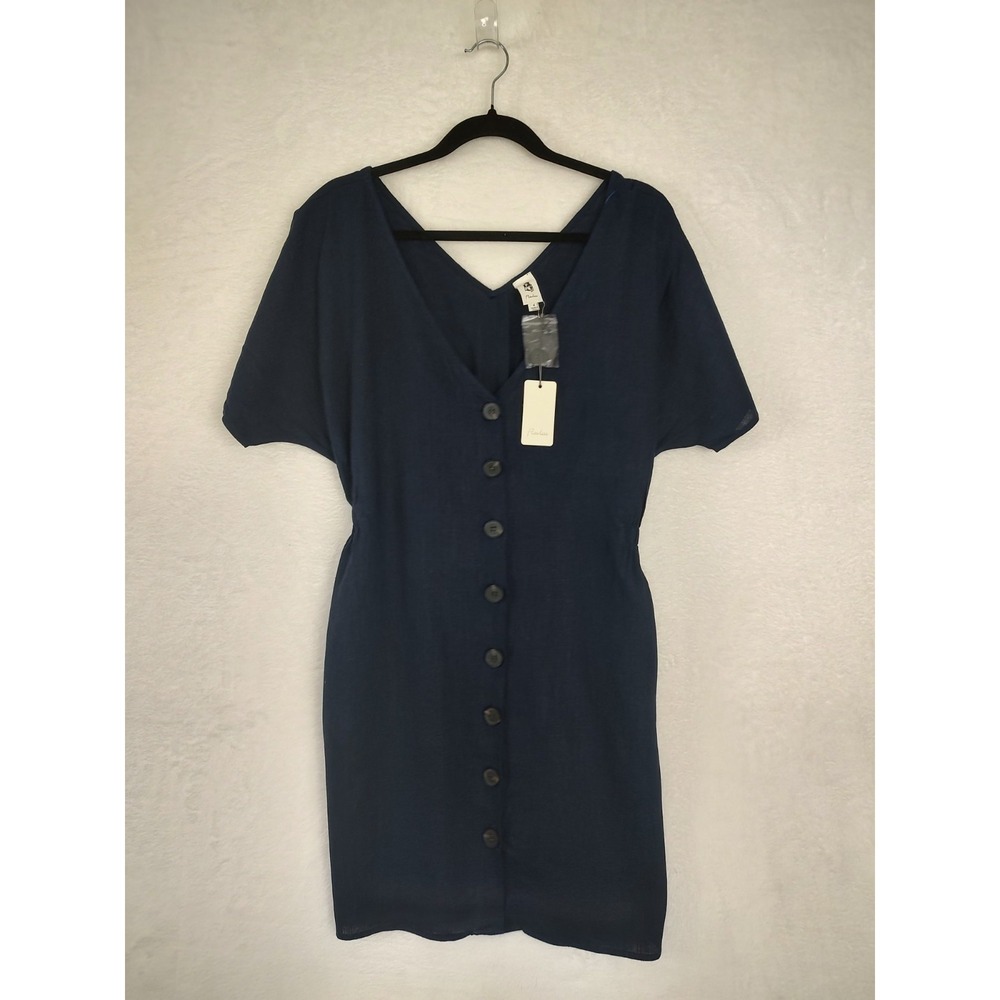 Flawless Navy Button Front Dress V-Neck Short Sleeve‎ Casual Size M